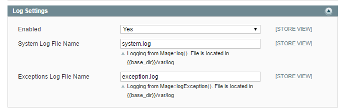 Magento system log error log